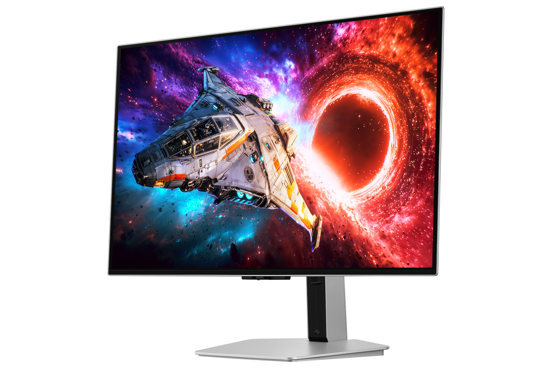 Ein Monitor zeigt ein Raumschiff, das vor schwarzem Hintergrund durch einen bunten Nebel fliegt.