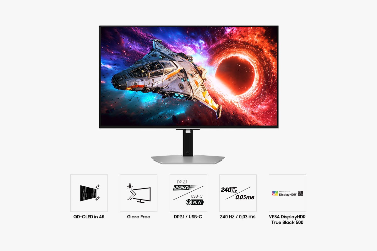 Ein QD-OLED-Monitor zeigt ein Raumschiff im Weltraum mit fünf Feature-Symbolen darunter.
