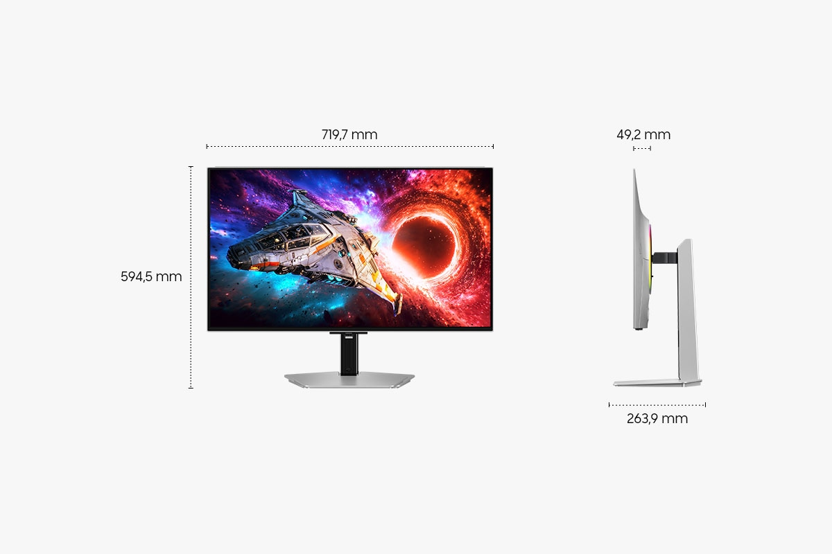 Vorder- und Seitenansicht eines Monitors mit Maßen, der ein Raumschiff im All auf weißem Hintergrund zeigt.