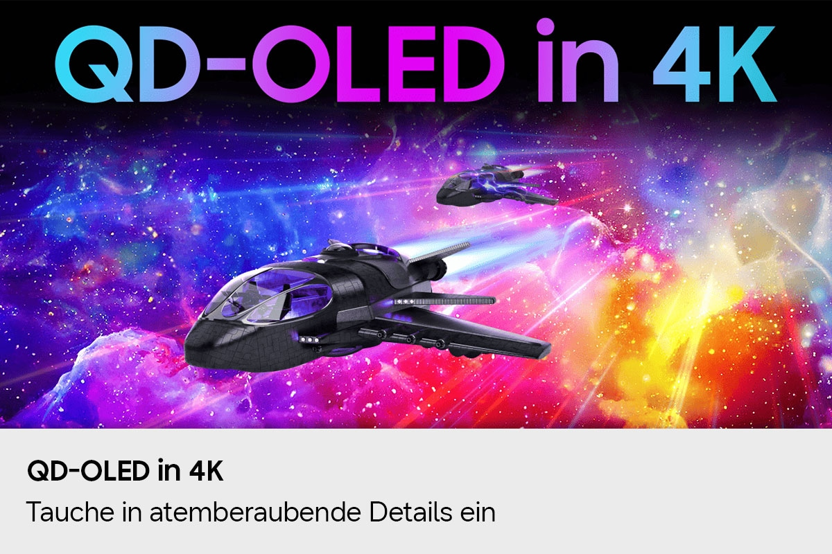 Zwei schwarze Raumschiffe fliegen durch eine farbenfrohe, bunte Weltraumnebel-Kulisse mit dem Text QD-OLED in 4K.