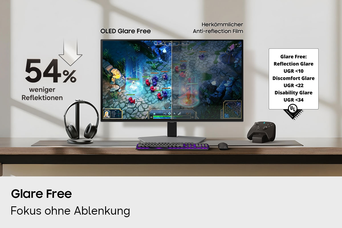 Vergleich von OLED Glare Free und Anti-Reflexionsfolie auf einem Monitor mit Gaming-Szene.