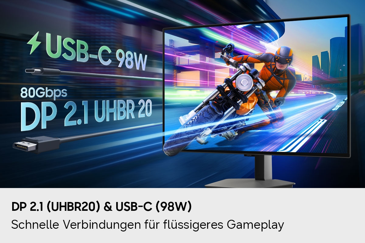 Ein Monitor zeigt ein futuristisches Motorradrennen, begleitet von Text über USB-C und DP 2.1.