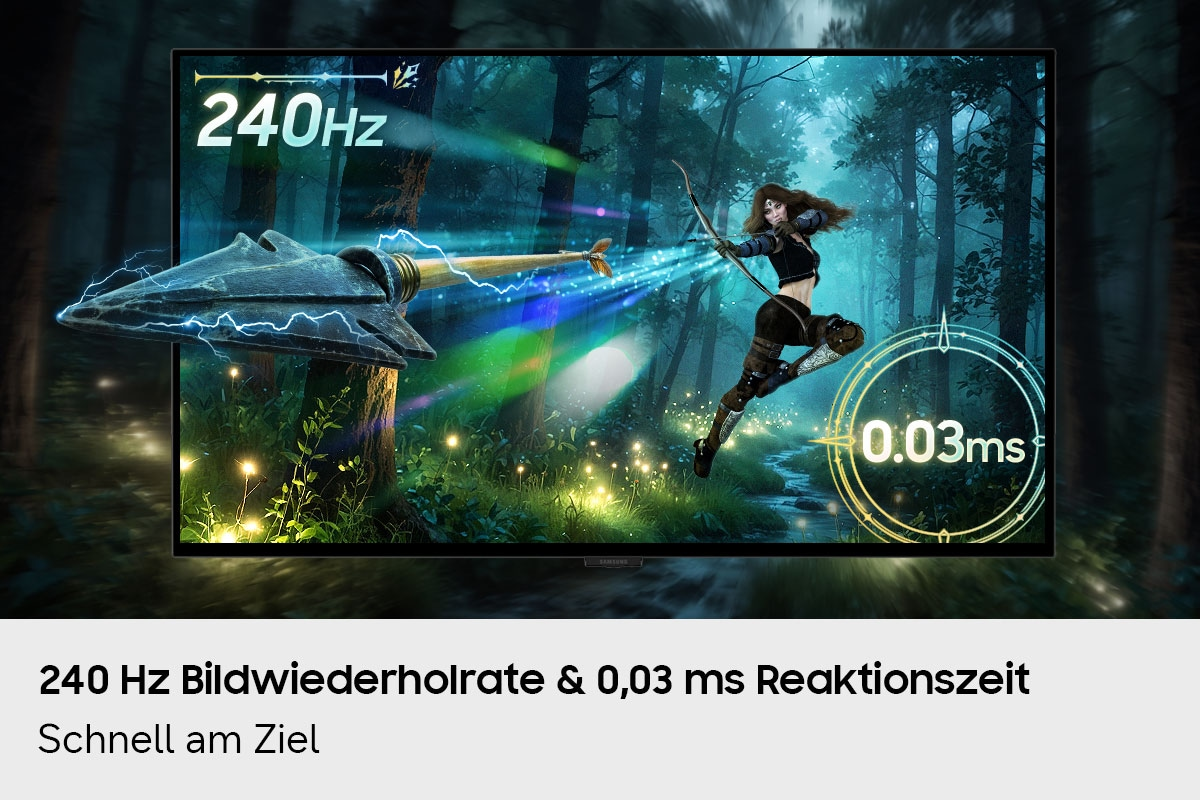 Eine Fantasy-Bogenschützin im Wald mit einem Pfeil auf einem Monitor mit 240Hz und 0,03ms.