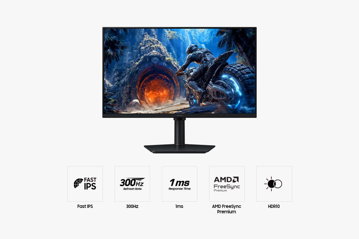 Ein schwarzer Computermonitor mit einer futuristischen Rennszene und fünf Funktionssymbolen darunter.