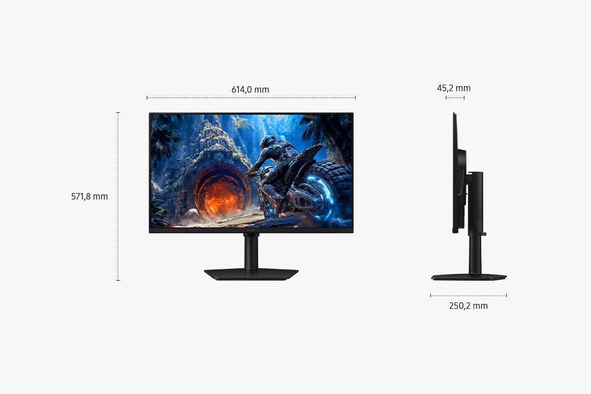 Front- und Seitenansicht eines Monitors mit Maßangaben für Breite, Höhe und Tiefe auf weißem Hintergrund.