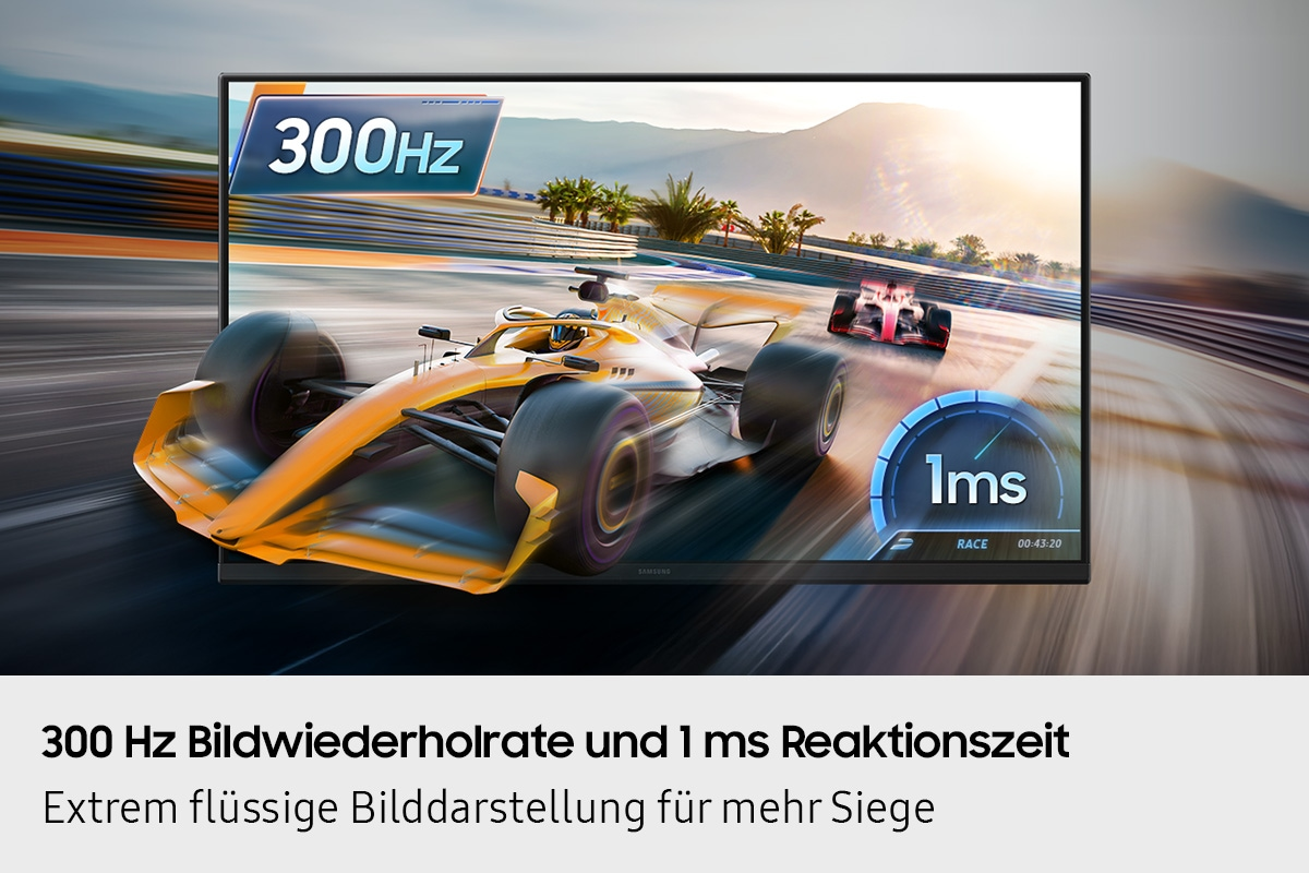 Ein Rennmonitor zeigt ein gelbes Formel-1-Auto auf einer Rennstrecke, mit den Texten 300Hz und 1ms.