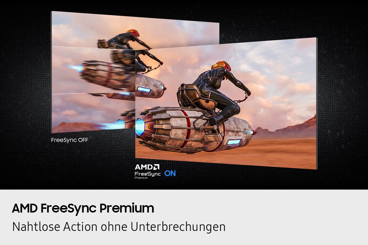 Vergleich von AMD FreeSync OFF mit FreeSync ON bei einem Spiel mit einem fliegenden Raketenmotorrad.