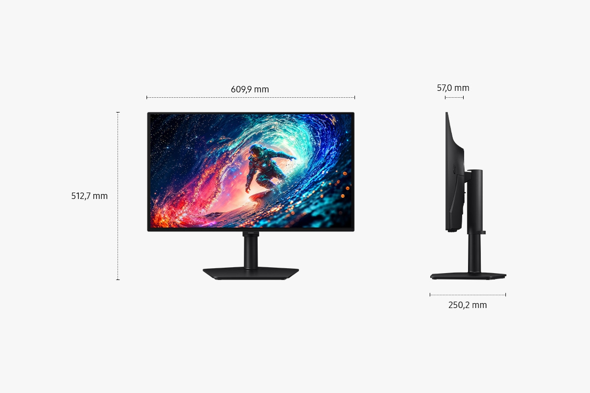 Diagramma che mostra le viste frontale e laterale di un monitor con dimensioni.