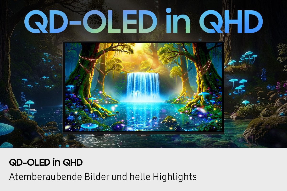 Un monitor QD-OLED mostra una vibrante e magica scena forestale con cascata e funghi luminosi.