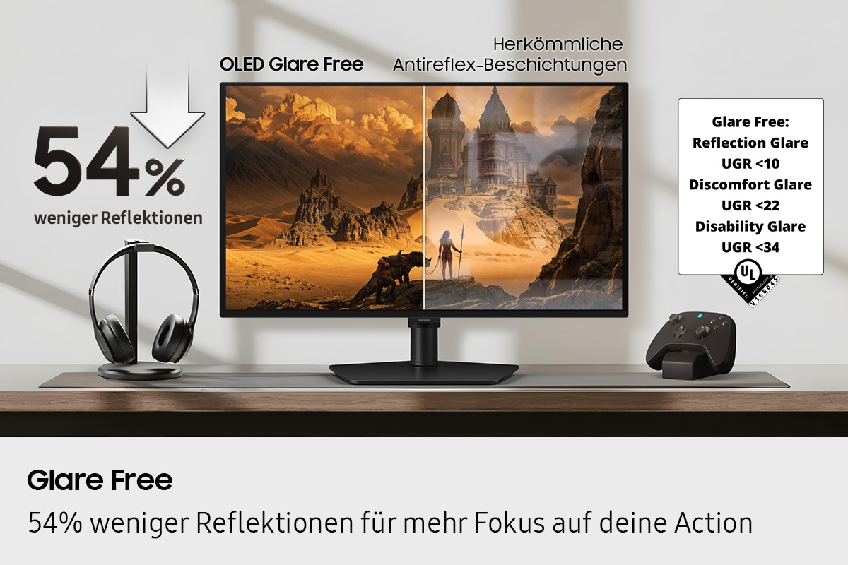 Uno schermo OLED con il 54% di riflessi in meno mostra un chiaro confronto del rivestimento antiriflesso.
