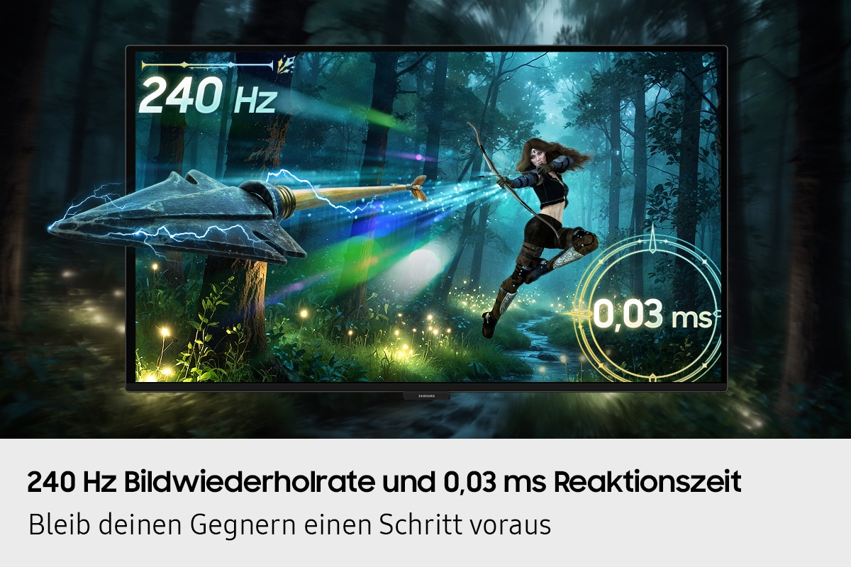 Una TV mostra una foresta fantastica con un'arciera, 240 Hz e 0,03 ms.