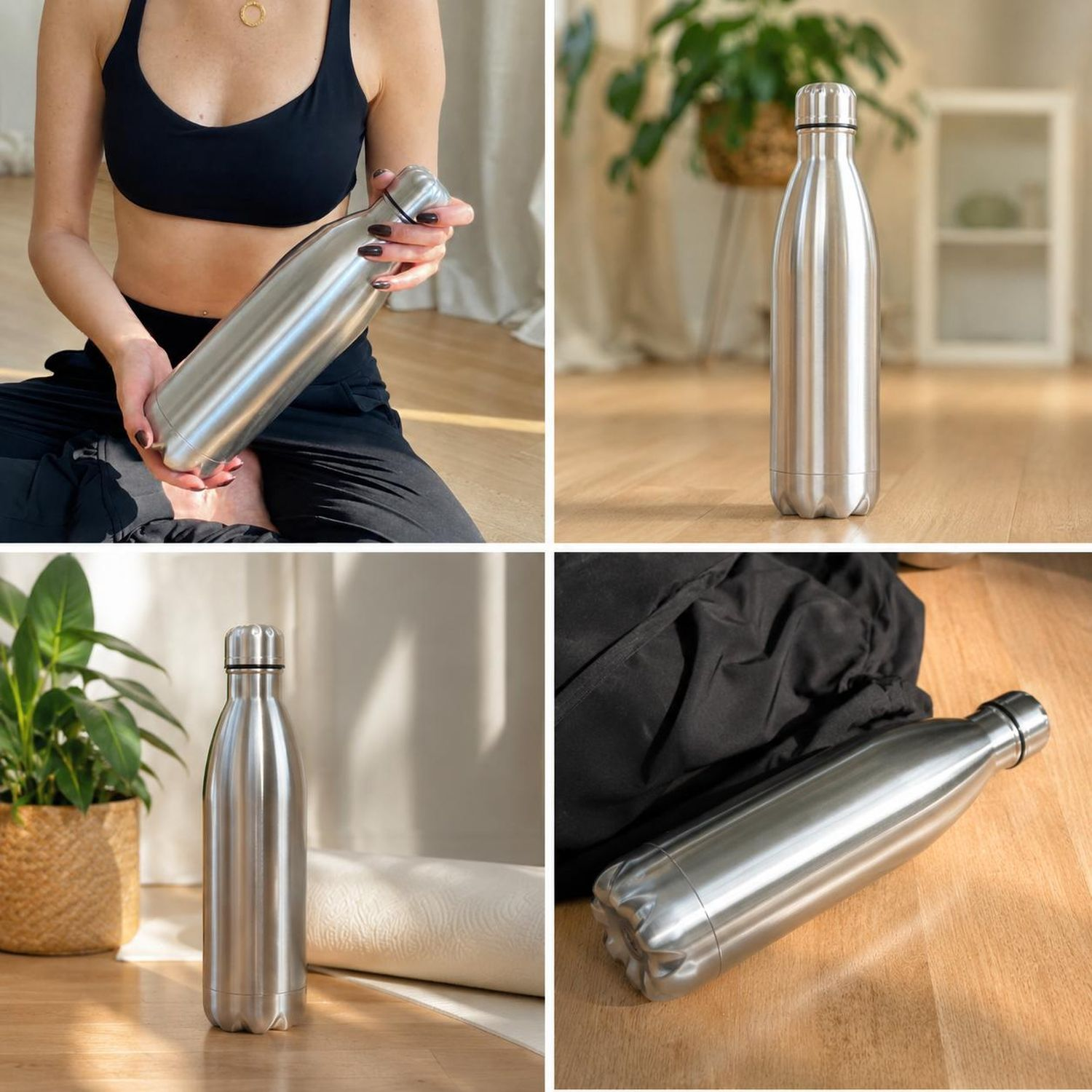 Eine edle Edelstahl-Thermosflasche in verschiedenen Szenen mit einer Frau, Pflanzen und Holzboden.