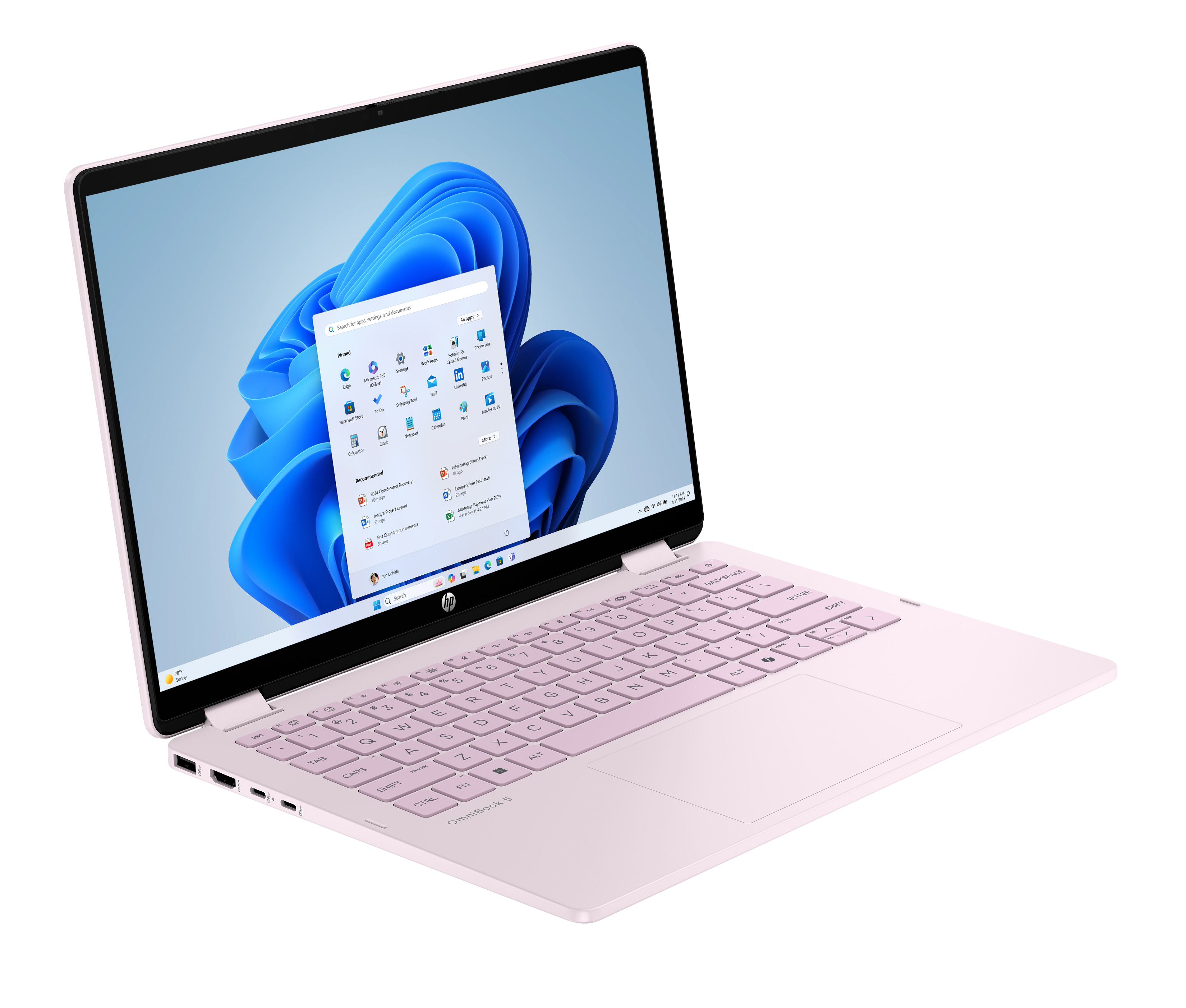 A light pink HP laptop with its screen lit up is presented against a white background.
