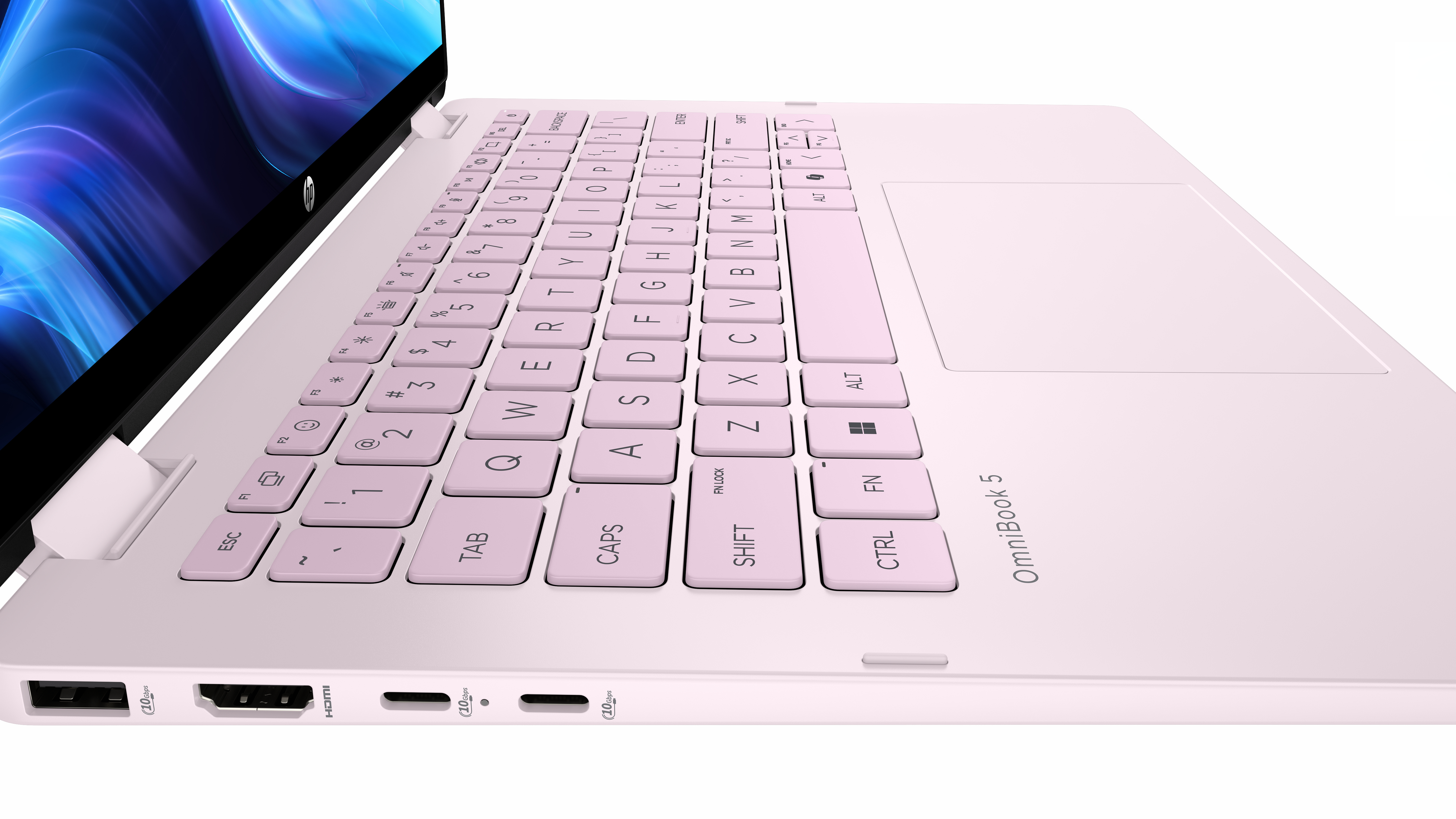 A pink laptop with a matching keyboard and side ports displays a blue screen.