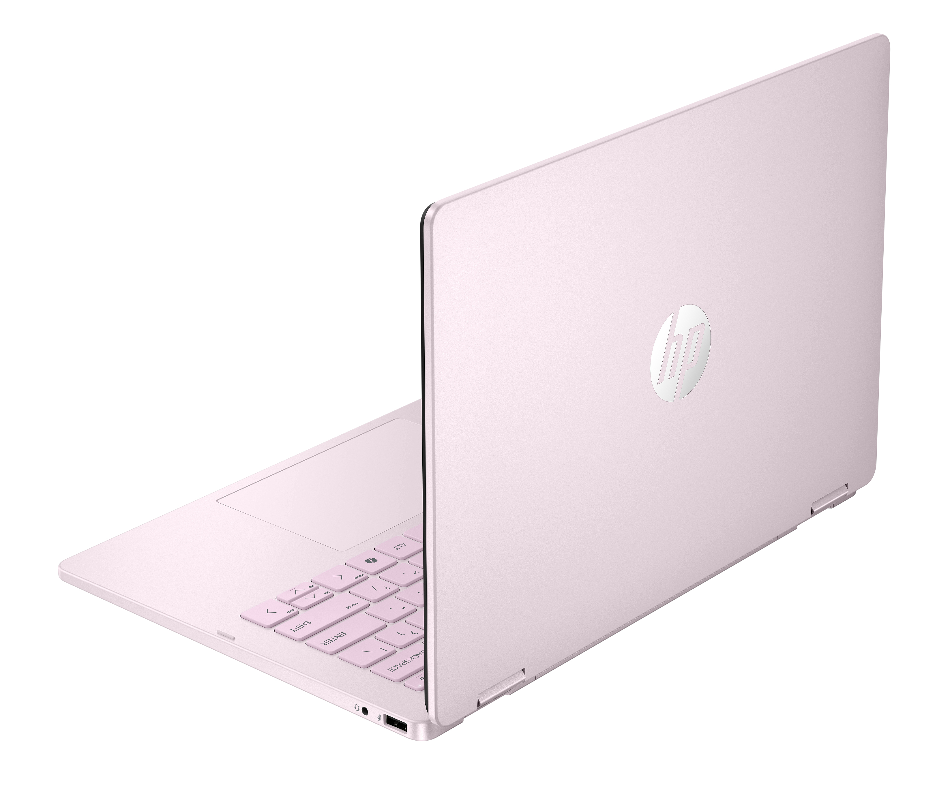 A pink HP laptop is semi-open on a white background, displaying the HP logo on its outer cover.