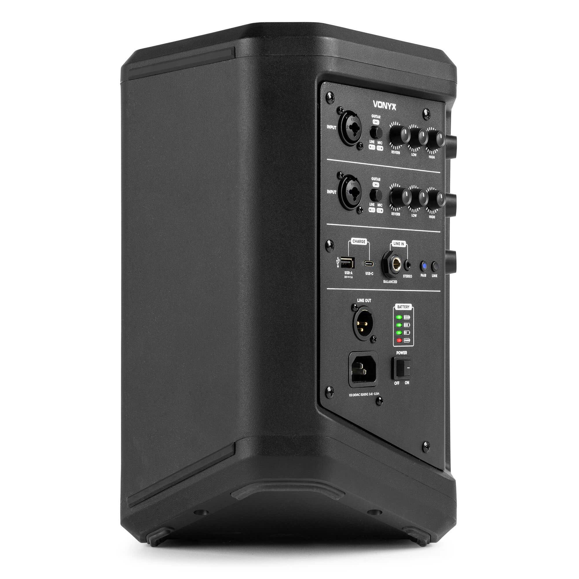 Altavoz Vonyx negro, vista lateral con numerosos puertos de entrada de audio, perillas y LED de estado.