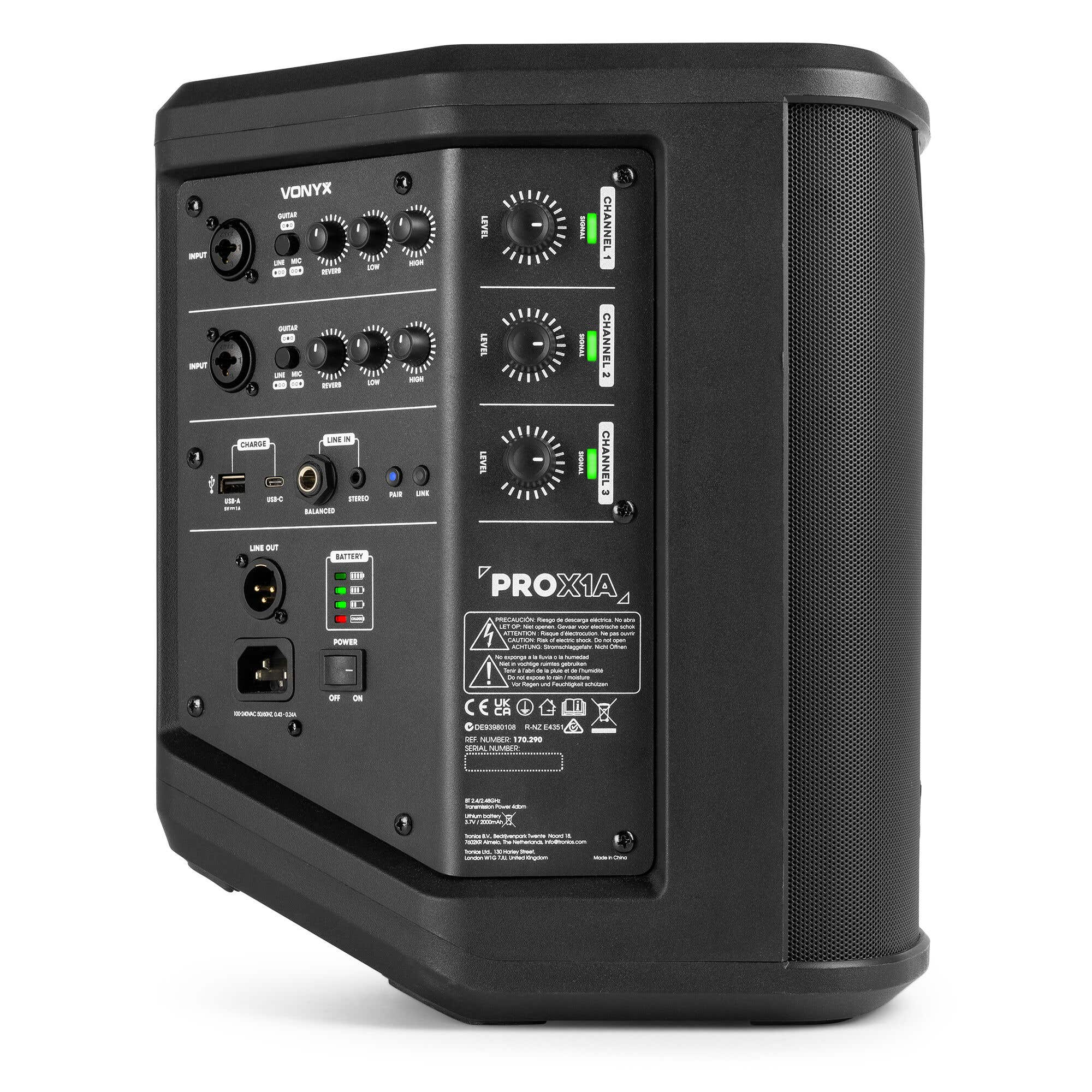 Panel de control trasero de un altavoz negro Vonyx PROX1A con múltiples entradas de audio, perillas y etiquetas.