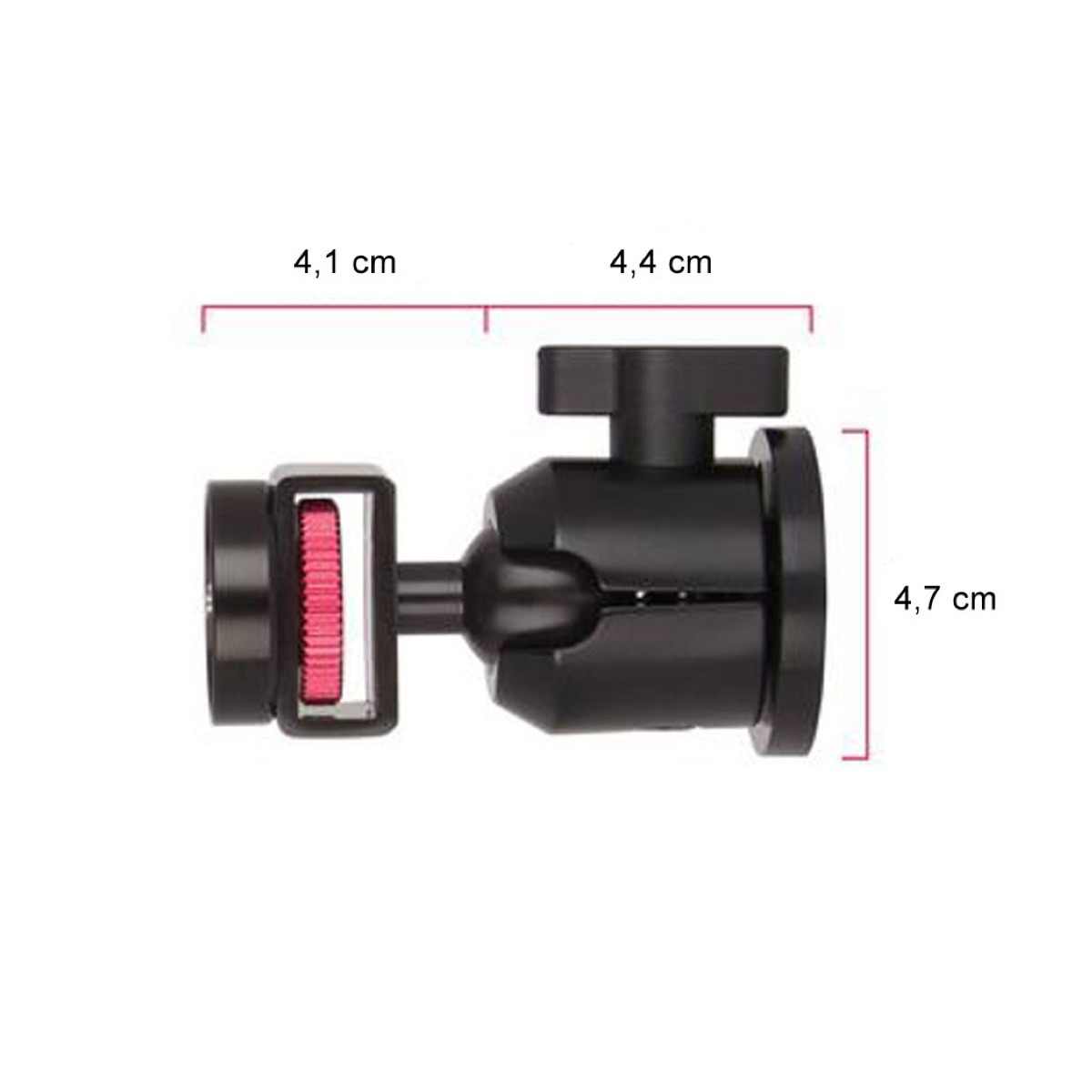 Schwarze Metall-Kugelkopfhalterung mit roten Akzenten und Maßen von 4,1 cm, 4,4 cm und 4,7 cm auf weiłem Hintergrund.