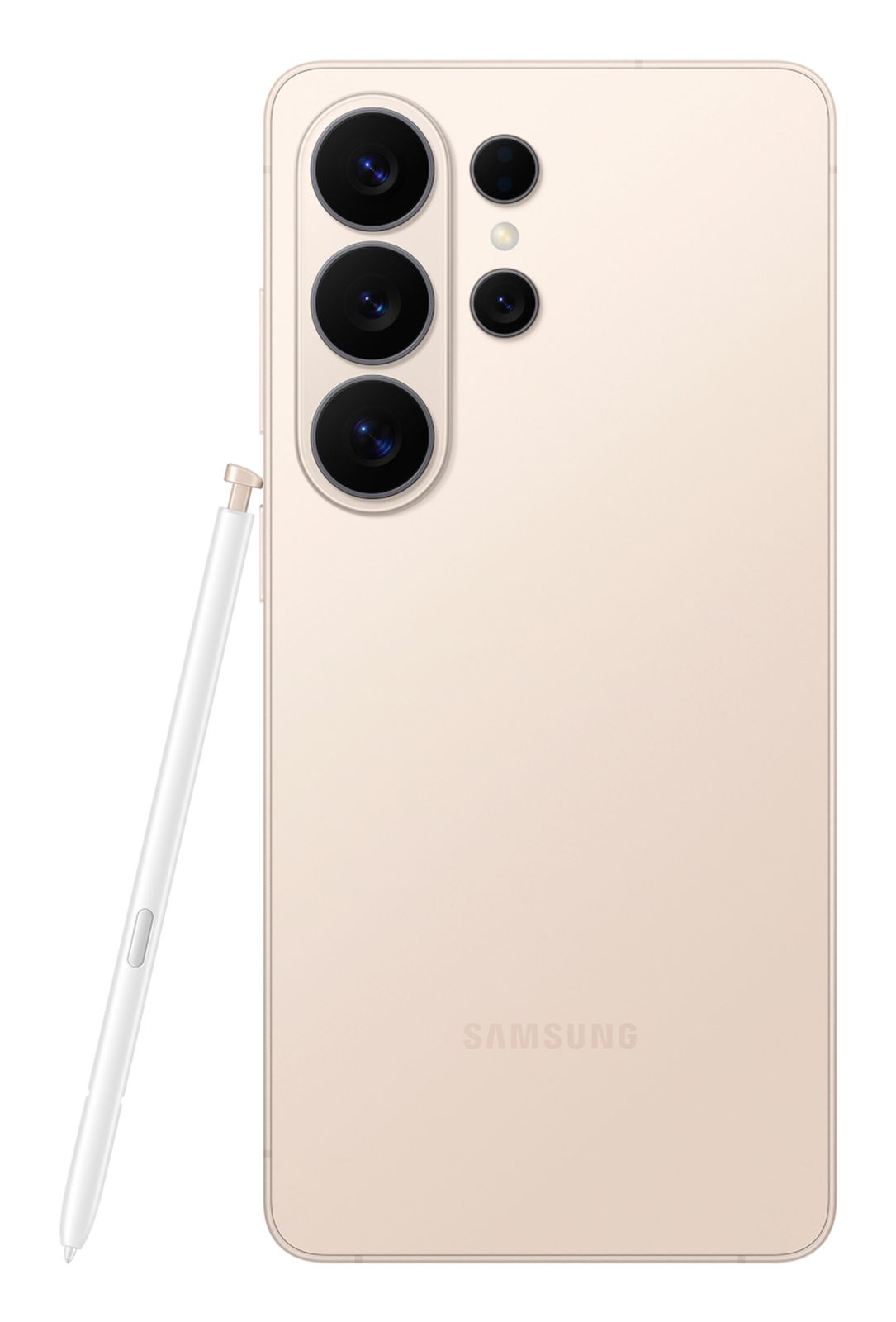 Kremowy smartfon Samsung widziany od tyłu, z czterema obiektywami aparatów i białym rysikiem obok.