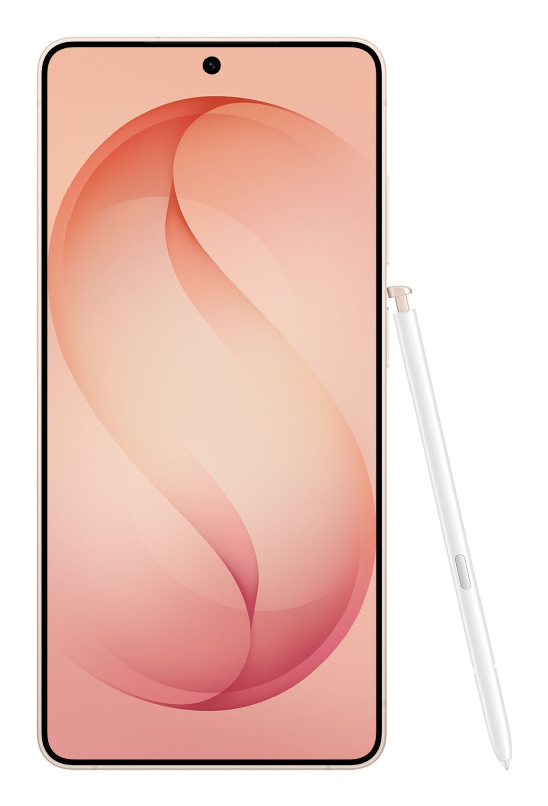 Smartfon z brzoskwiniową tapetą i białym rysikiem obok na białym tle.