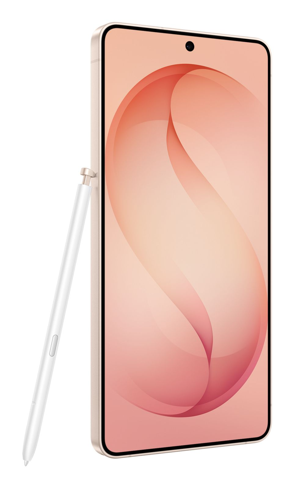 Różowy smartfon z zakrzywionym ekranem obok białego rysika na białym tle.
