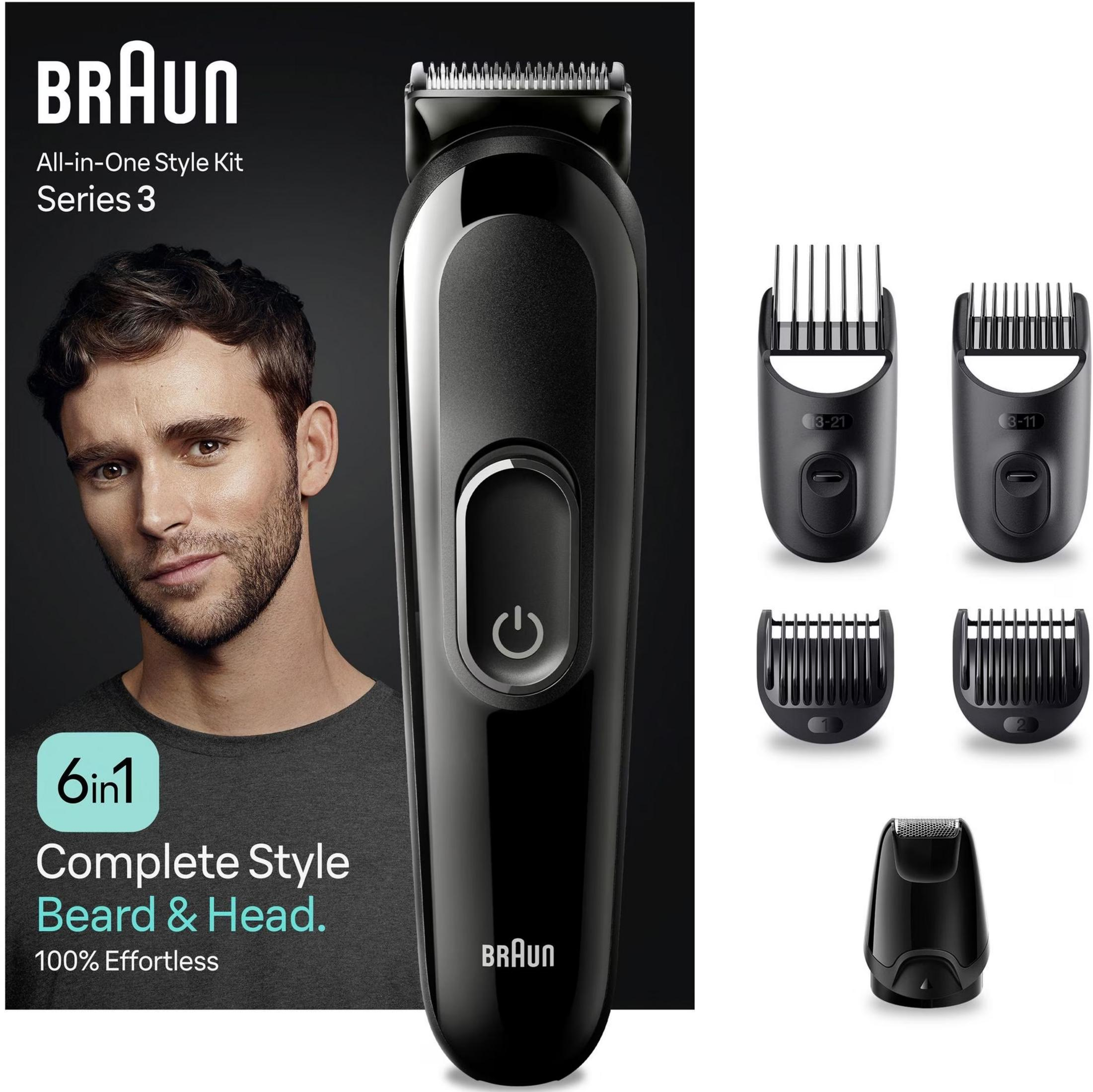 Regolabarba Braun All-in-One Style Kit Series 3 con cinque accessori e un modello sulla confezione.