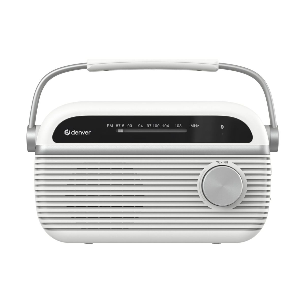 Weißes Denver-Radio im Retro-Stil mit silbernem Griff, Grill und Senderskala auf weißem Hintergrund.
