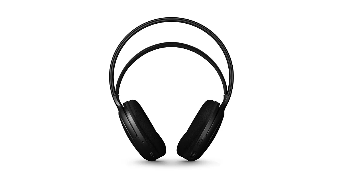 Schwarze Over-Ear-Kopfhörer mit doppeltem Kopfbügel vor weißem Hintergrund.