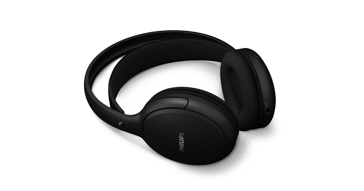 Schwarze Philips-On-Ear-Kopfhörer auf weißem Hintergrund.