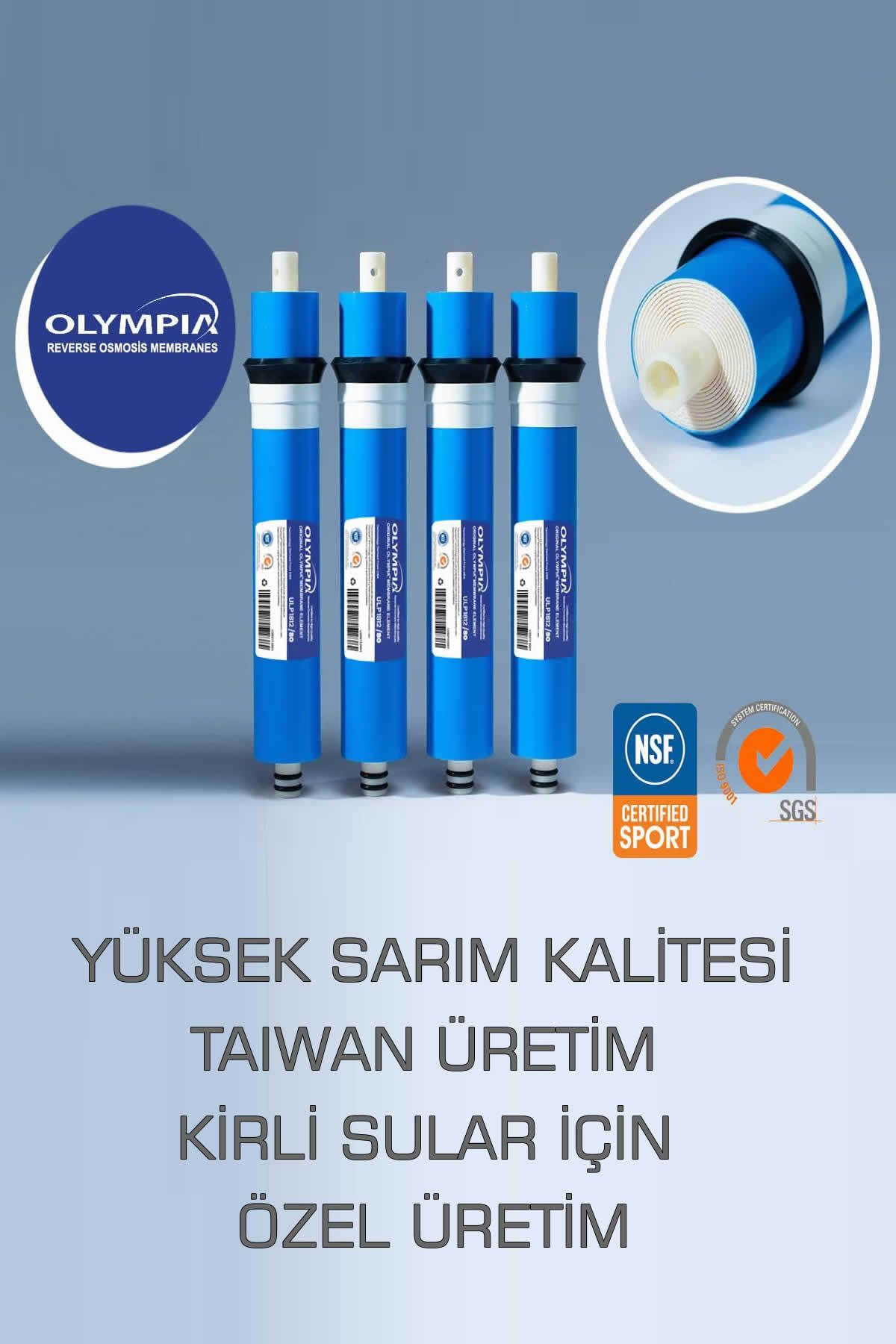 Dört mavi Olympia ters ozmoz su filtresi dik duruyor, NSF ve SGS sertifika logoları ve Türkçe metin ile.