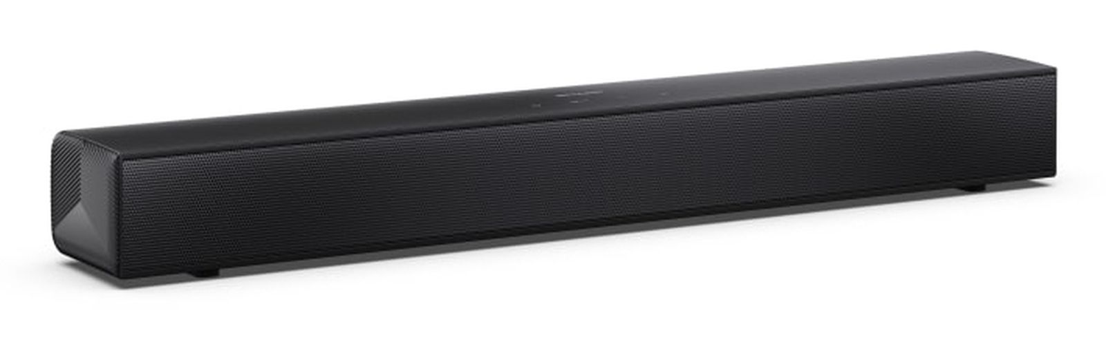 Eine lange, schwarze Soundbar mit einem Gittermuster steht auf einer weißen Oberfläche.