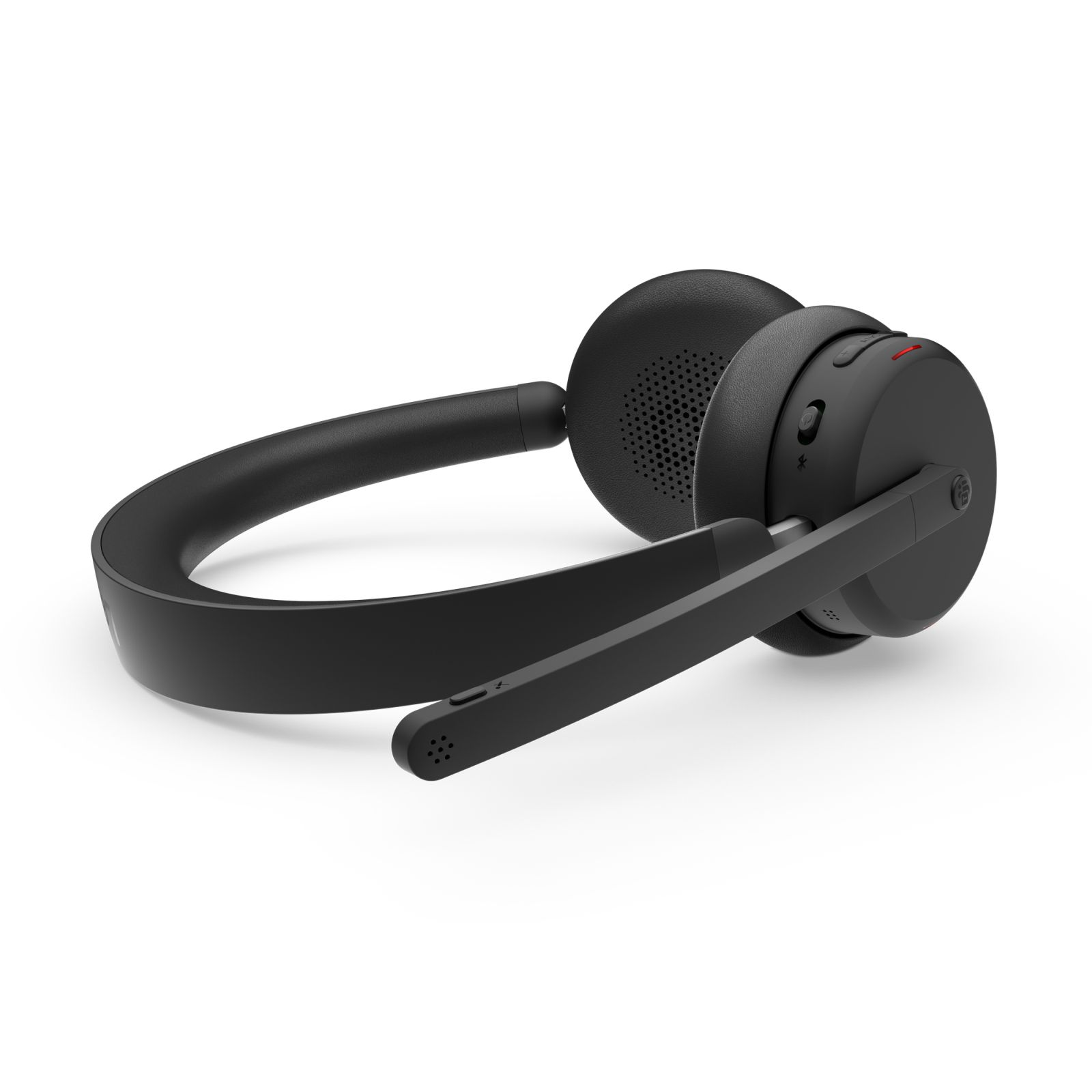 Black wireless on-ear headphones with a microphone boom and control buttons on a white background.