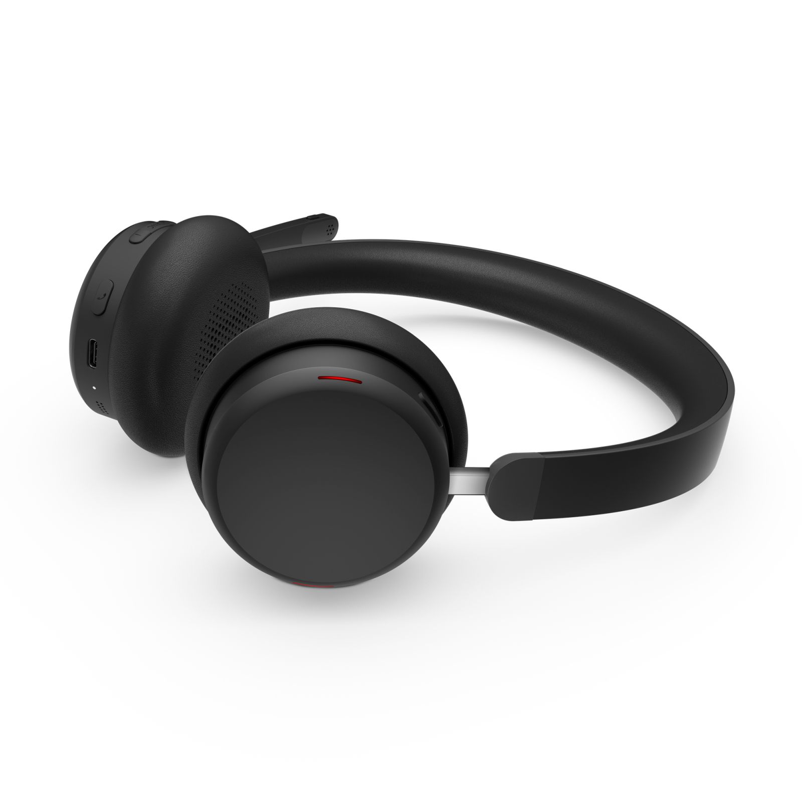 Black wireless headphones with integrated microphone on a white background.