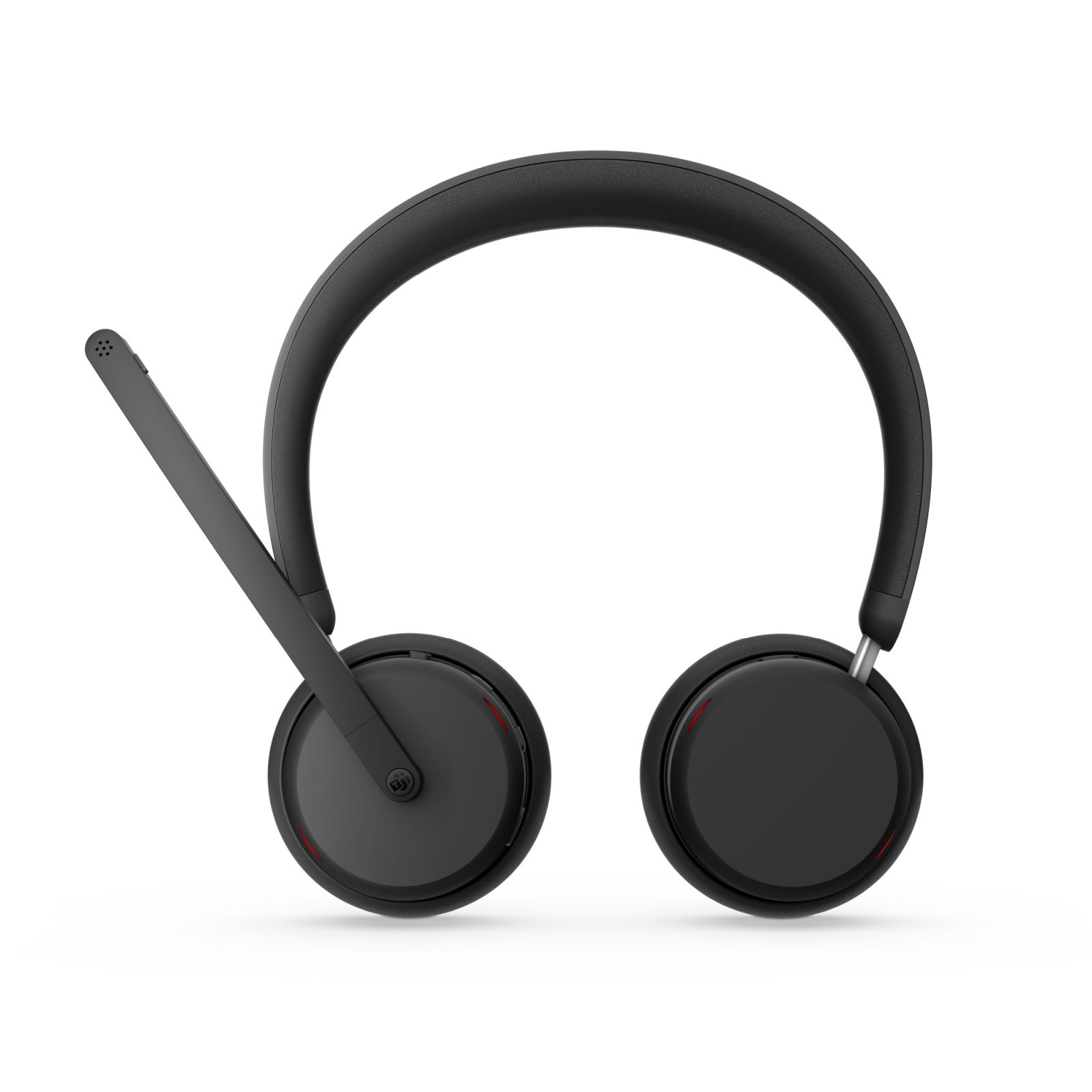Black on-ear headset with a headband and an attached microphone boom against a white background.