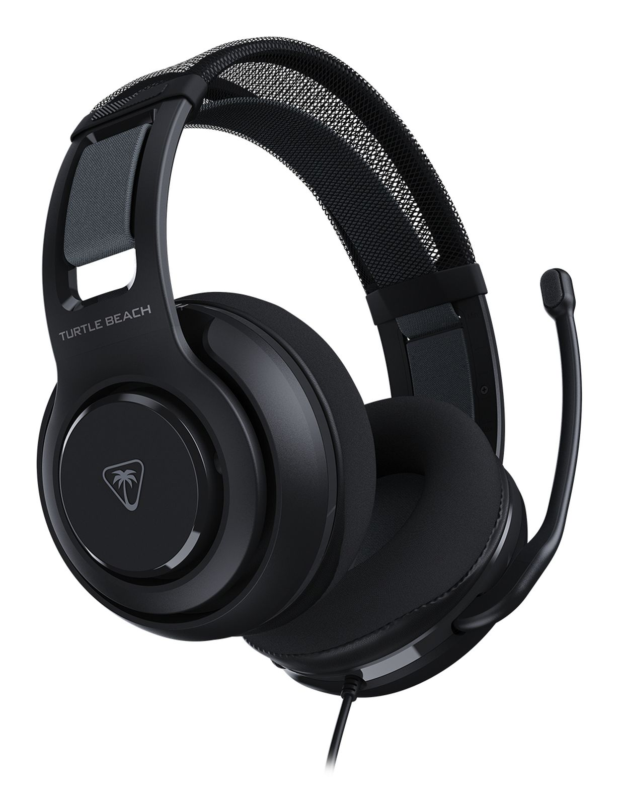 Czarne słuchawki gamingowe Turtle Beach z mikrofonem na białym tle.