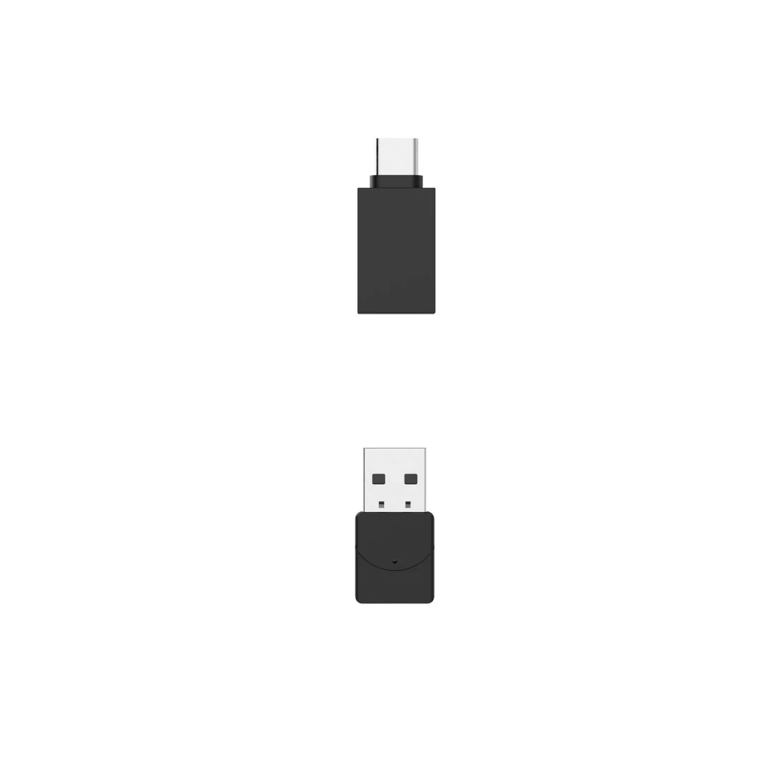 Un adattatore USB nero con una porta Type-C in alto e una porta USB-A standard in basso su sfondo bianco.