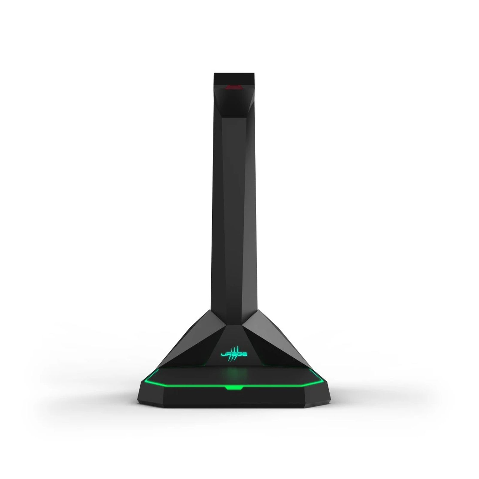Un supporto per cuffie nero su sfondo bianco, con base e logo al neon verde.