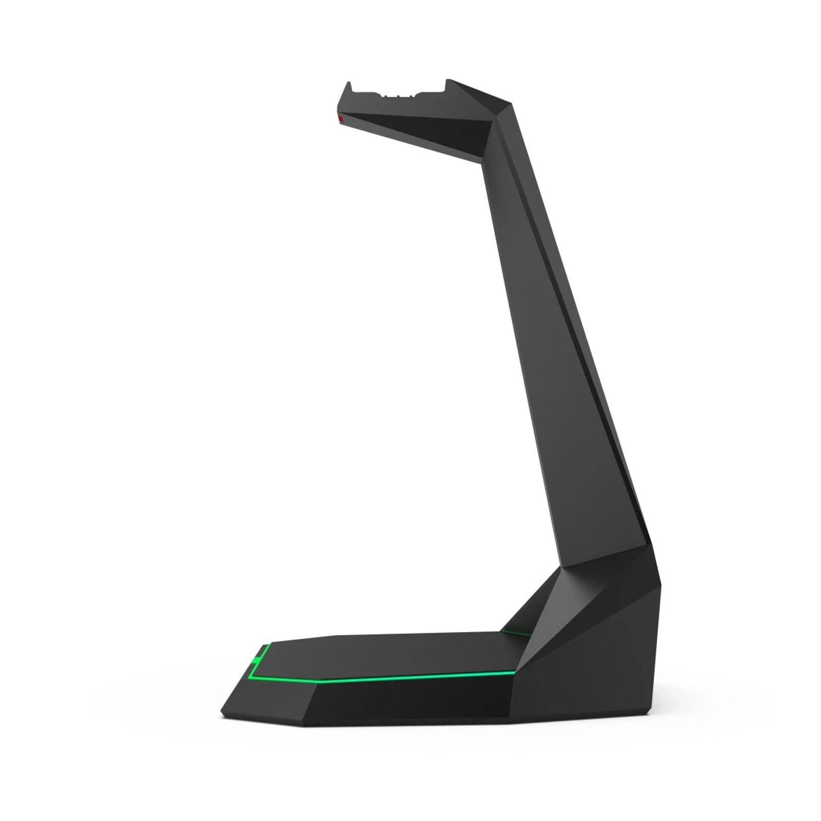 Un supporto per cuffie geometrico e futurista nero con dettagli a LED verde luminoso su sfondo bianco.