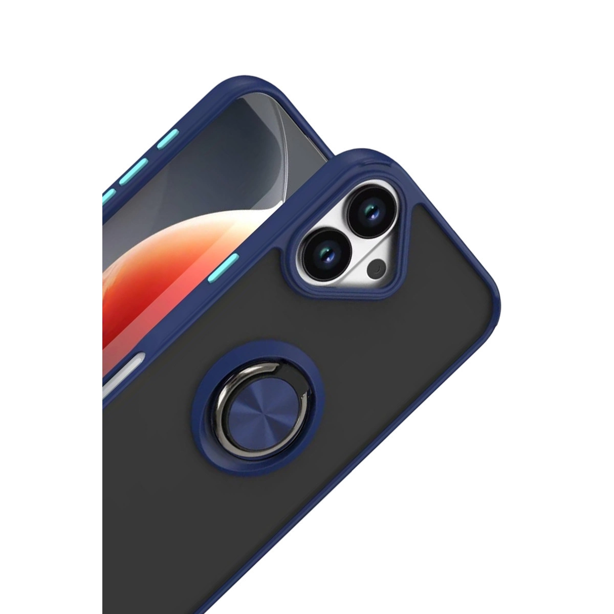 Arka tarafında entegre yuvarlak metal halka bulunan koyu mavi akıllı telefon koruyucu kılıfı.
