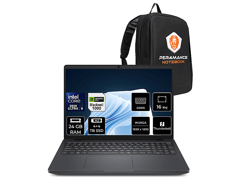 DELL Pro Max 16 RTX Pro 1000 8GB FHD+ MC16250P318 Intel Core Ultra 9 285H 24 GB RAM 8 TB SSD 16 inç FreeDOS Laptop+Çanta Siyah