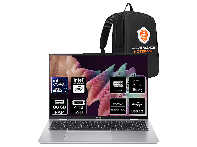 ACER Aspire Lite FHD+ NXD5EEY001P340 Intel Core Ultra 7 155U 80 GB RAM 4 TB SSD 16 inç FreeDOS Laptop+Çanta Gri
