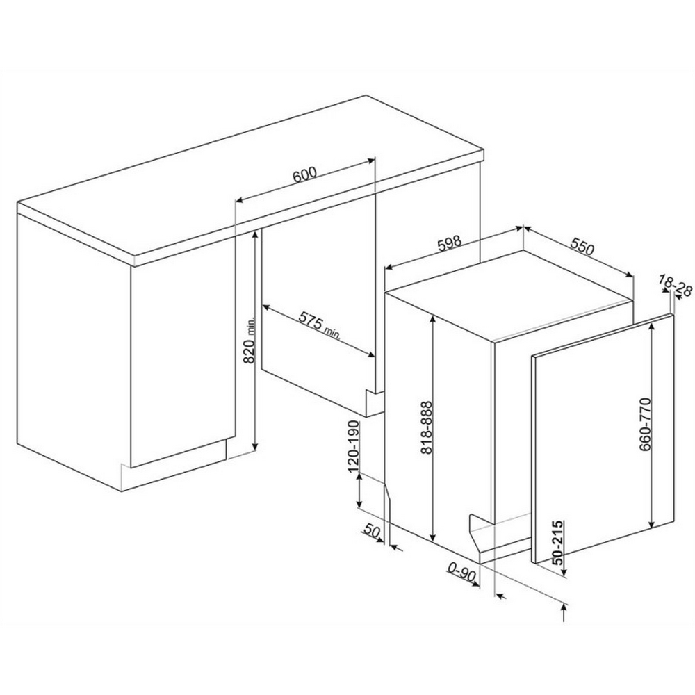 Disegno tecnico con quote per un piano cucina e un elettrodomestico da incasso.