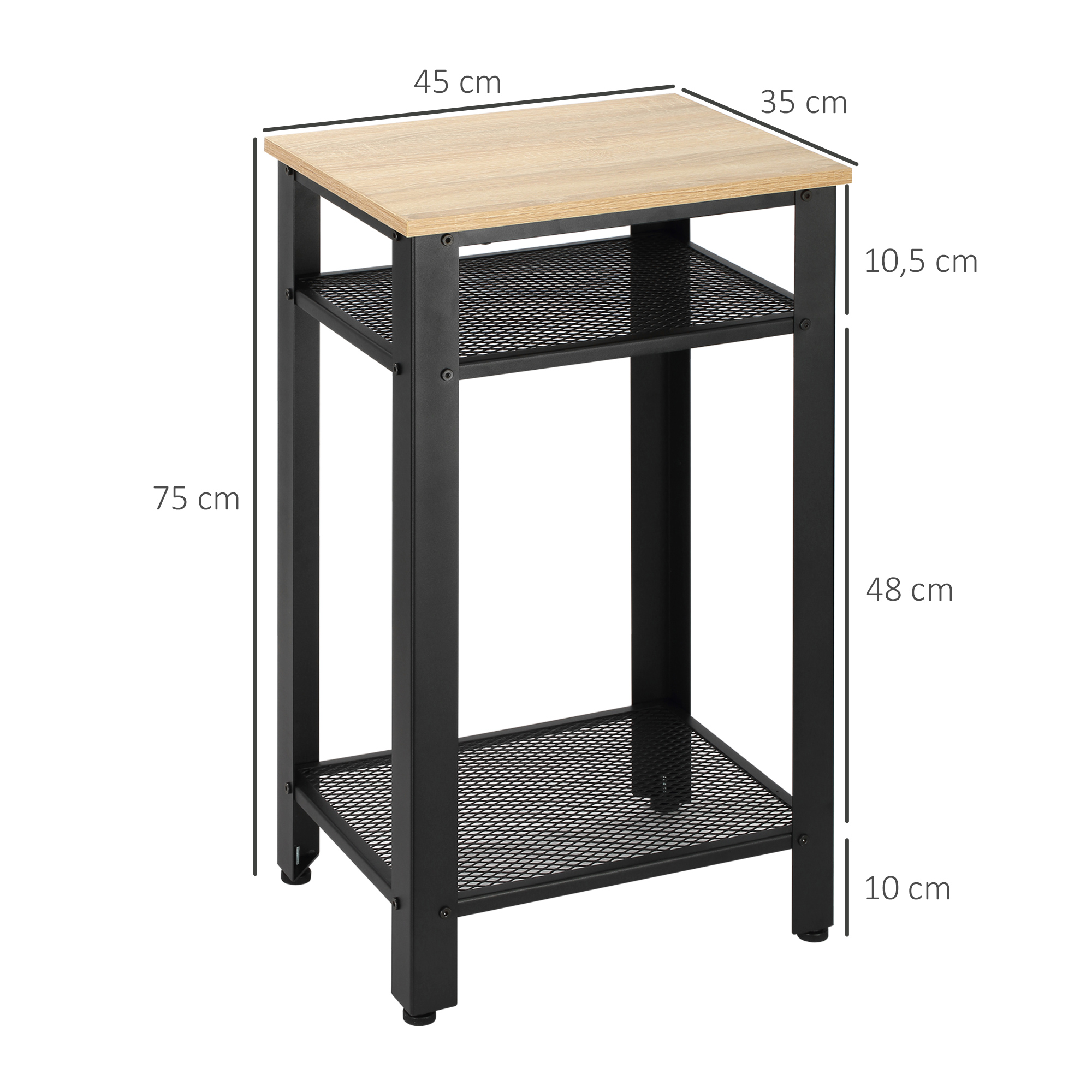 Pequeña mesa auxiliar con tapa de madera, estructura de metal negro, dos estantes de malla y medidas.
