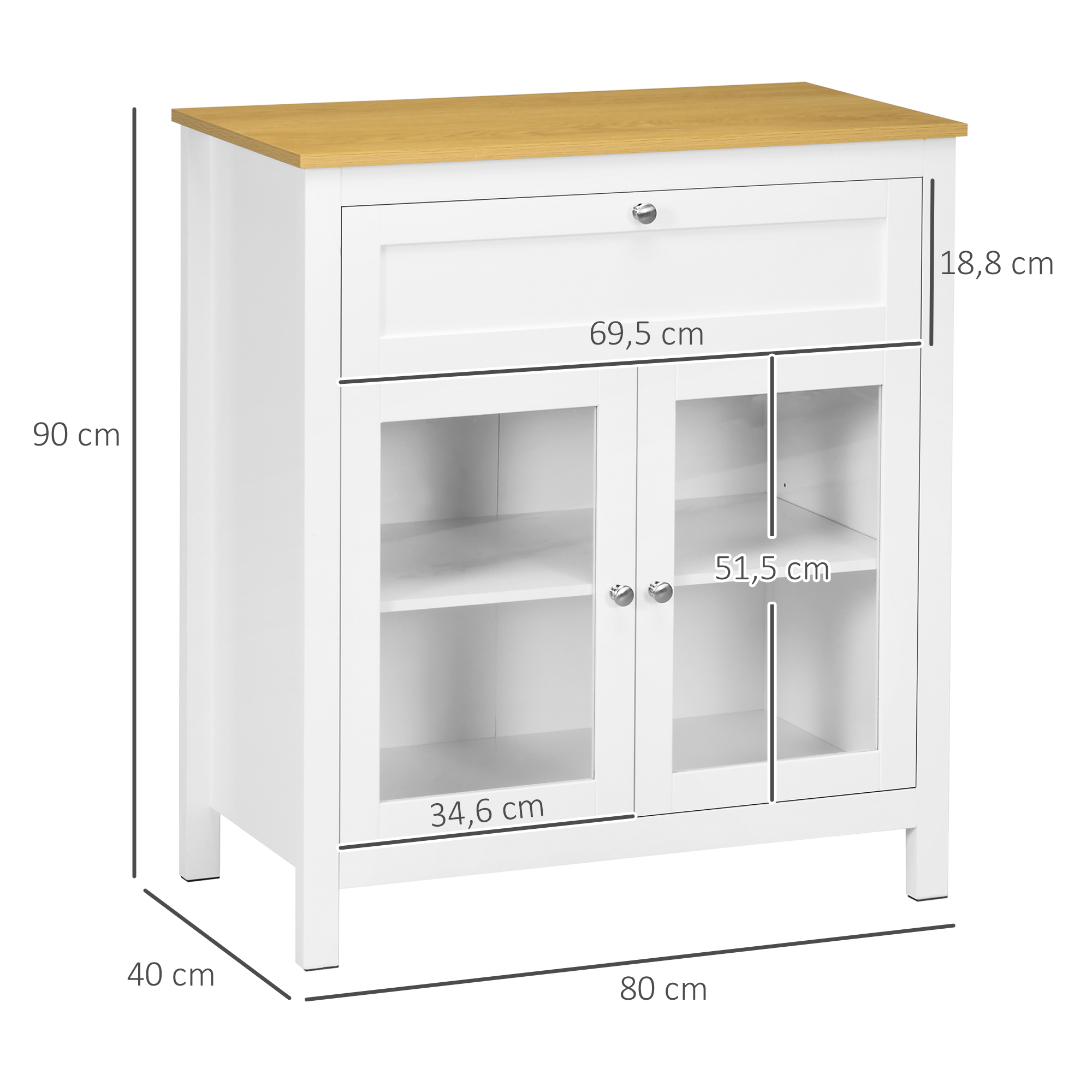 Gabinete blanco con tapa de madera, un cajón y dos puertas de vidrio, con medidas.