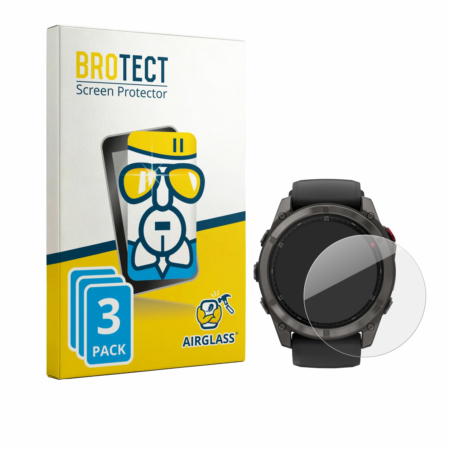BROTECT AirGlass Displayschutzfolie in 3er-Pack Verpackung neben einer schwarzen Smartwatch.