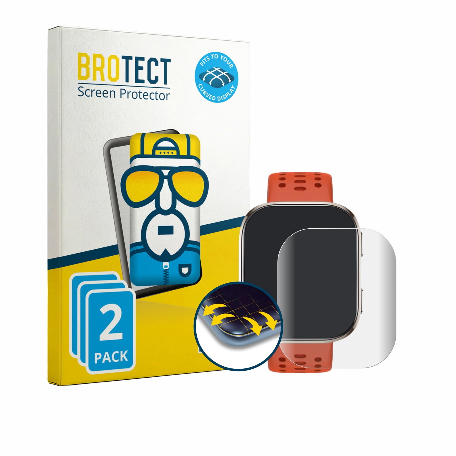 BROTECT Displayschutzfolie 2er-Pack für Smartwatch mit orangem Armband.