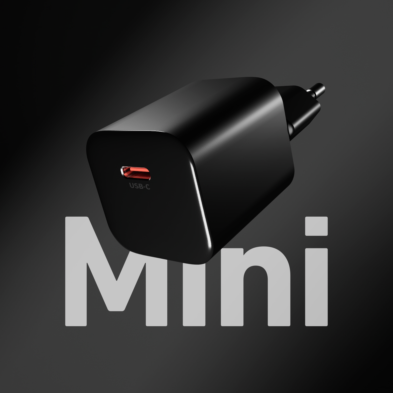 Un mini cargador de pared USB-C negro sobre fondo oscuro con la palabra Mini.