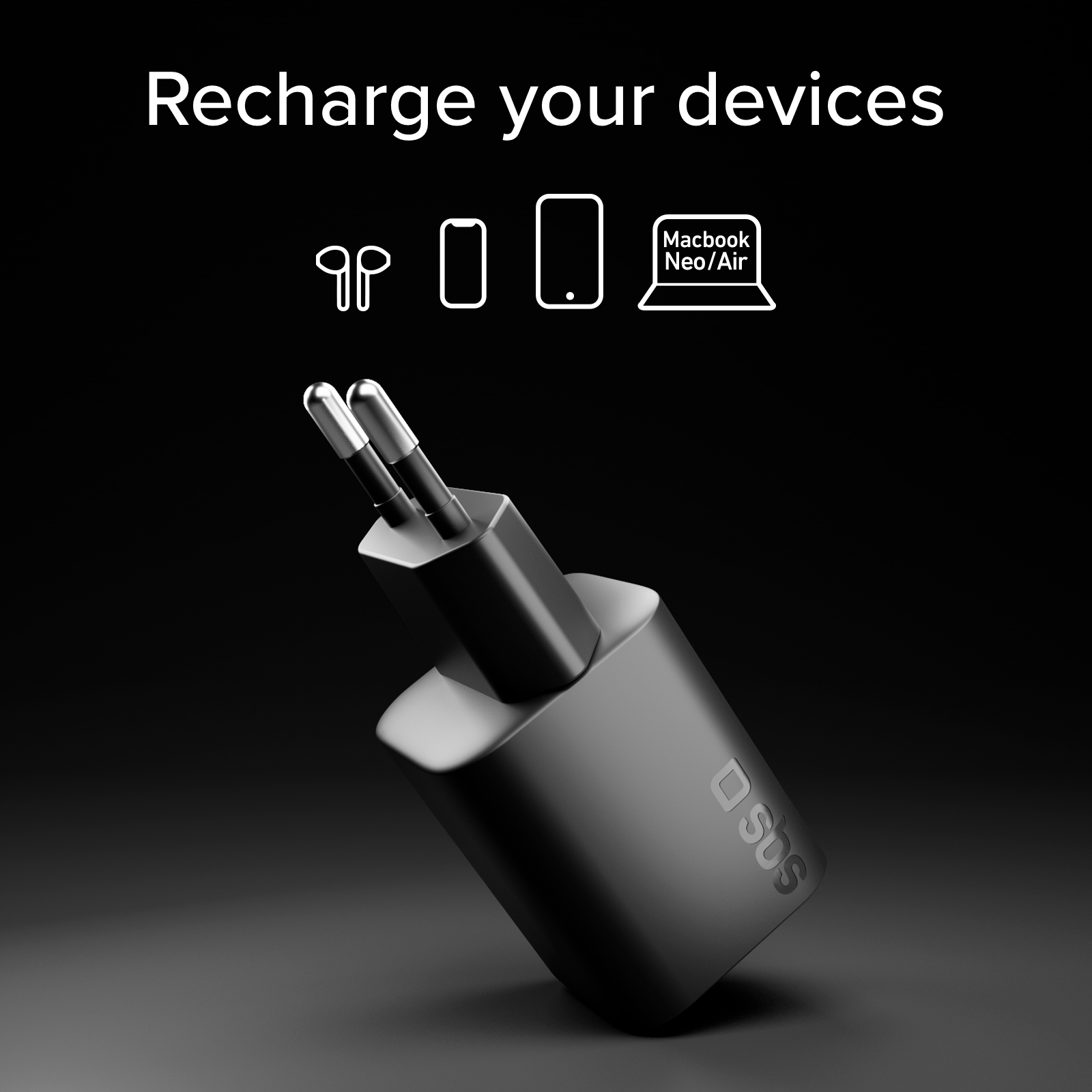 Cargador USB negro sobre fondo negro con iconos de dispositivos compatibles.