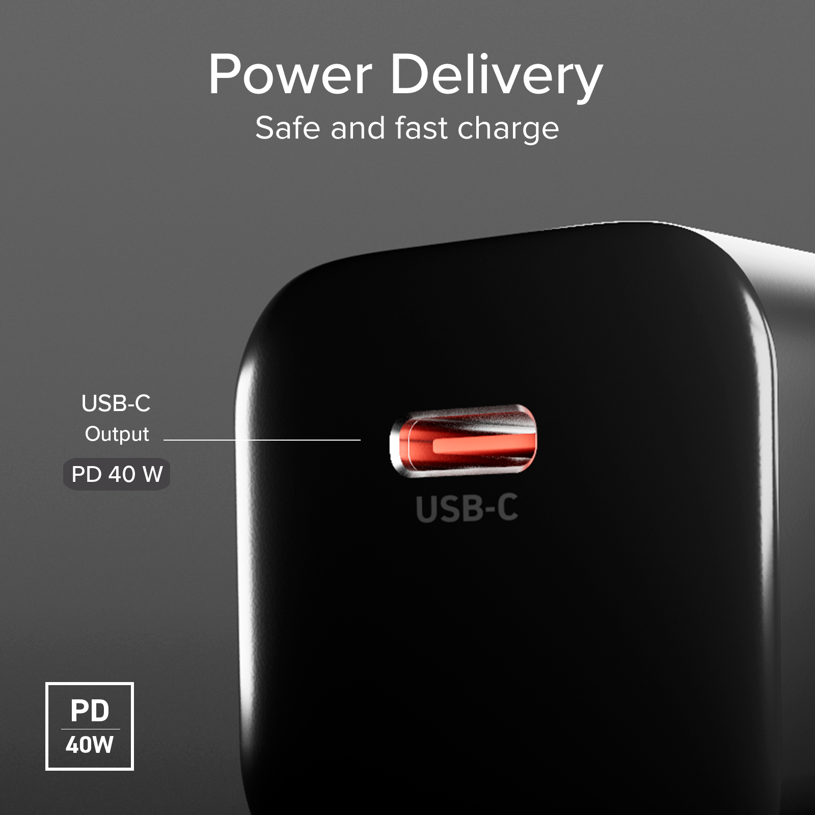 Un cargador USB-C negro con etiquetas de Power Delivery y 40W.