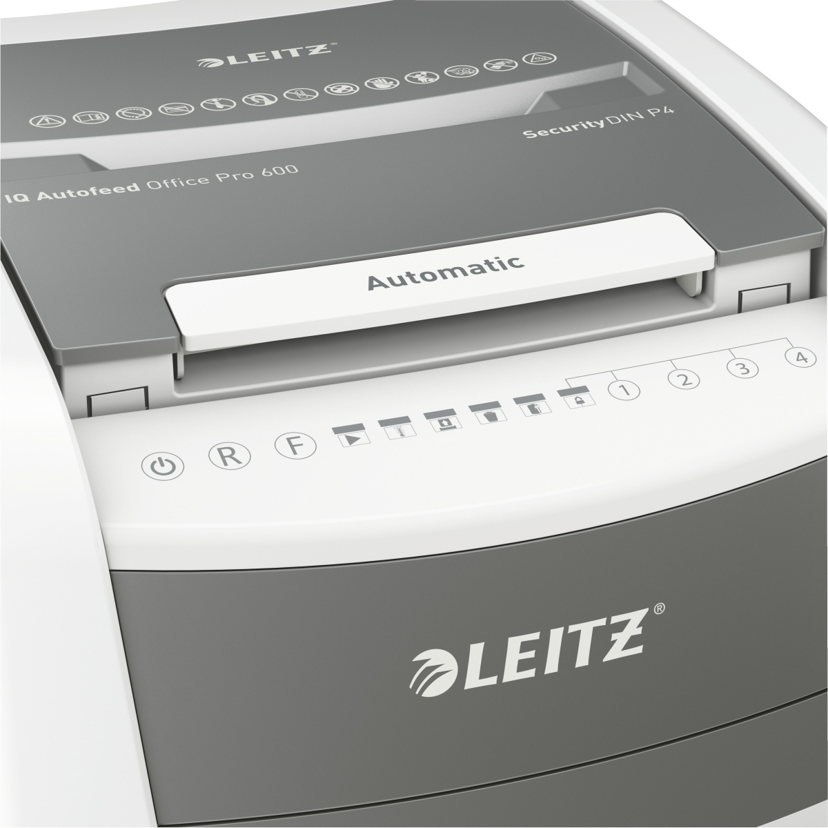 Leitz IQ Autofeed Aktenvernichter in Weiß und Grau mit Touch-Bedienfeld und Leitz-Logo.